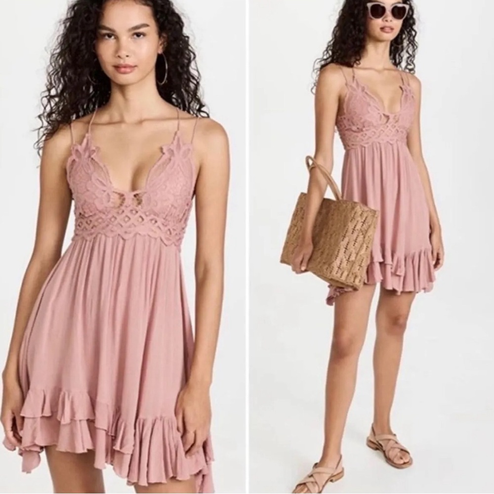 Free People ONE Adella Boho Crochet Flowy Slip Dress in Pink “Rose” Size Large